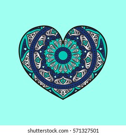 Drawing of a heart in blue, turquoise and silver colors, with floral ethnic round ornament on a turquoise background