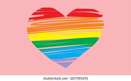 Dibujo de un corazón con los colores del arco iris en el interior y con un fondo rosado.