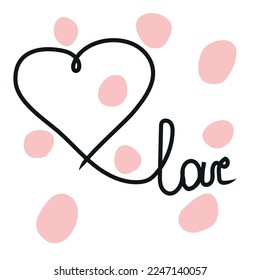 Drawing of a heart drawn in the technique of drawing one line art with the inscription love on a white background