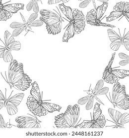 A drawing of a heart with many butterflies on it. The butterflies are of different sizes and colors, and they are scattered all over the heart. The drawing conveys a sense of freedom Valentines frame