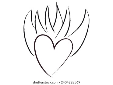 Drawing of heart on fire on white background.