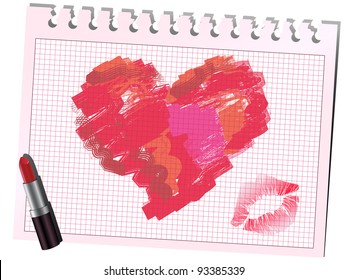 Drawing heart on sheet of notebook with lipstick and imprint of kiss (vector illustration).
