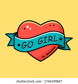 drawing of a heart with a ribbon and the inscription Go Girl. Female motivational slogan of the feminist movement. vector illustration in cartoon style