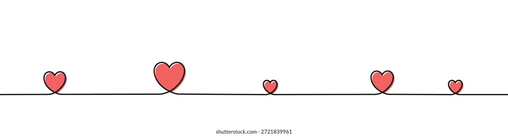 Drawing of hearts of different sizes in one line art style. Illustration with editable stroke on a white background. Vector illustration.