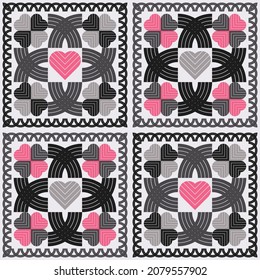 Drawing with hearts. A mosaic of geometric figures. Seamless pattern. Design with manual hatching. Textile. Ethnic boho ornament. Vector illustration for web design or print.