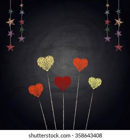 Drawing hearts on blackboard background. Valentines day illustration