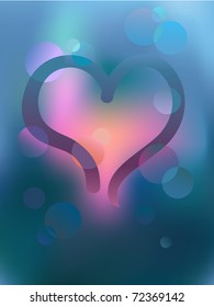 Drawing hearts on a blue background with colored circles, simulated wet glass