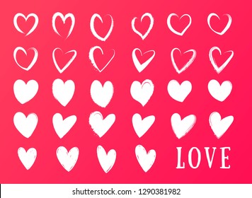 Drawing of hearts. Hearts with pencil strokes, brush or marker. Different heart shapes for love cards, promotional banners, brochures, posters. Vector shapes.