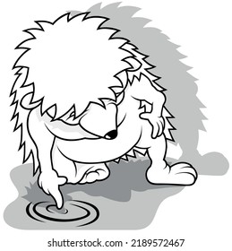 Drawing of a Hedgehog with a Finger in a Puddle of Water - Cartoon Illustration Isolated on White Background, Vector