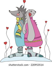 drawing hedgehog and rabbit. vector