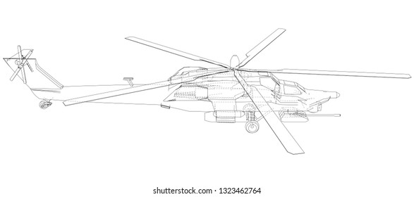 Drawing of helicopter, Vector wireframe concept. Created illustration of 3d. The layers of visible and invisible lines are separated