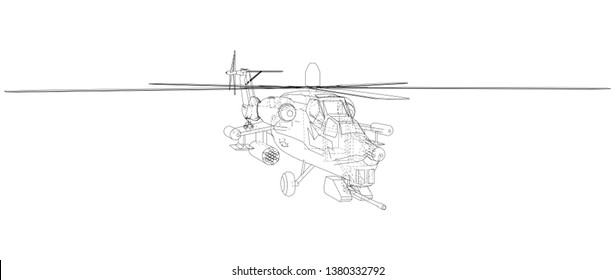 Drawing of helicopter, Vector wireframe concept. Created illustration of 3d. The layers of visible and invisible lines are separated