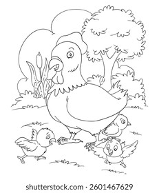A drawing of a hen with their babies