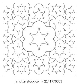 Drawing of hexagon shaped clouds with hexagon stars. Easy coloring page suitable for digital detox. 