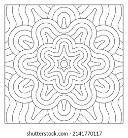 Drawing of a hexagon star with various sizes formed-from curved stripes. Easy coloring page suitable for digital detox. 