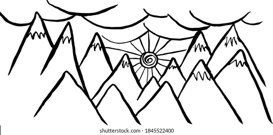 Drawing of high mountain peaks against the background of the sun and clouds.