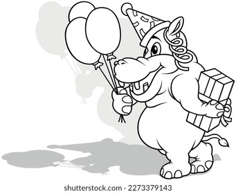 Drawing of a Hippo with a Gift and Balloons from Side View - Cartoon Illustration Isolated on White Background, Vector