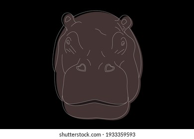 Drawing of a hippopotamus. Hippopotamus head full face. Simple linear drawing of a hippopotamus. Wild animal