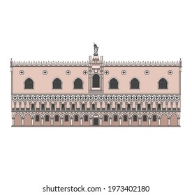 DRAWING OF HISTORICAL BUILDINGS OF VENICE, ANCIENT ITALIAN ARCHITECTURE IN GOTHIC AND NEOCLASSIC STYLE