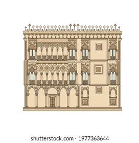 DRAWING OF HISTORICAL BUILDINGS OF VENICE, ANCIENT ITALIAN ARCHITECTURE IN GOTHIC AND NEOCLASSIC STYLE