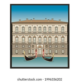 DRAWING OF HISTORICAL BUILDINGS OF VENICE, ANCIENT ITALIAN ARCHITECTURE IN GOTHIC AND NEOCLASSIC STYLE