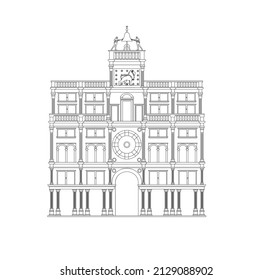 DRAWING OF HISTORICAL BUILDINGS OF VENICE, ANCIENT ITALIAN ARCHITECTURE IN GOTHIC AND NEOCLASSIC STYLE