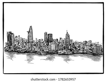 Drawing of the Ho Chi Minh city skyline in Vietnam 