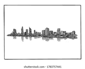 Drawing of the Ho Chi Minh city skyline in Vietnam 