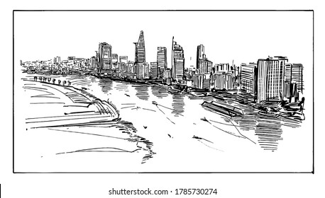 Drawing of the Ho Chi Minh city skyline at riverside in Vietnam 