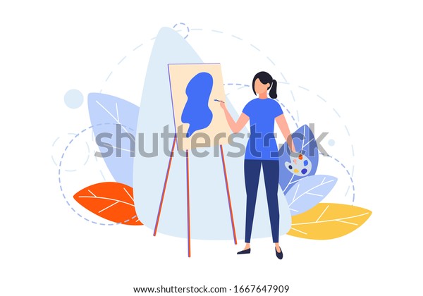 絵 趣味 創造性 職業 デザインコンセプト 絵筆でイーゼルで絵を描く女性の女の子の画家のイラスト 人の趣味 職業 ライフスタイルのアートイメージ 平面ベクトル のベクター画像素材 ロイヤリティフリー