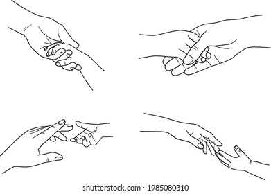 Drawing of holding hands isolated on white background. Symbol of love, dating, close relationship, intimacy and romance. Hand drawn black and white vector illustration.
