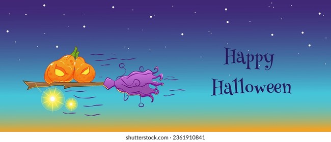 Drawing for the holiday helloween with pumpkins on a broom with lanterns. Illustration for backgrounds, postcards, printing, congratulations.
