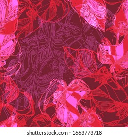Drawing of home flowers. Scindapsus. Seamless vector pattern with home colors. Sketch.