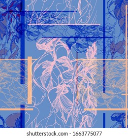Drawing of home flowers. Scindapsus. Seamless vector pattern with home colors. Sketch.