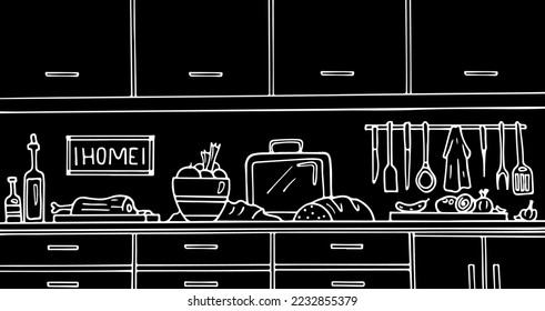 Drawing of a home kitchen interior, chalk sketch, cooking equipment and kitchen furniture on a black background, decorative banner.