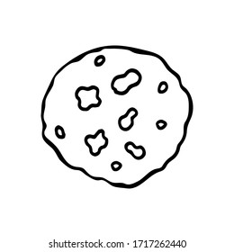 Drawing homemade cookies. Round cookies with raisins and nuts. Black thin lines and white background. Vector illustration.