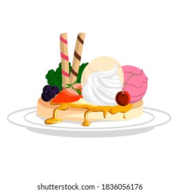 Drawing Honey Toast with Ice Cream and Topping. Biscuit roll, Vanilla and Strawberry Ice cream flavors with fruits. Layers illustration vector on white background isolation.
