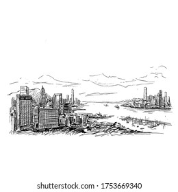 Drawing of Hong Kong port show cityscape skyline 