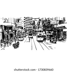 Drawing of Hong Kong street show the building and transportation