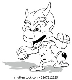 Drawing of a Horned Devil with a Smile Pointing his Finger - Cartoon Illustration Isolated on White Background, Vector