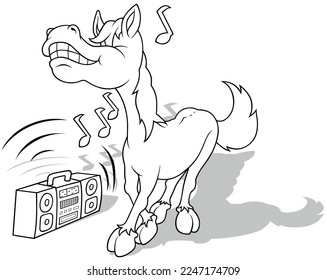 Dibujo de un caballo bailando con música de una grabadora - Ilustración de dibujos animados aislada en fondo blanco, vector