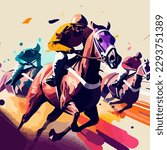 Drawing of a horse racing competition, the rider strives for victory. For your design.