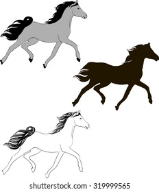 drawing of a horse in three different styles - line, silhouette and color