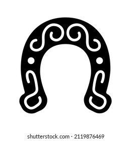 Drawing of a horseshoe with patterns lucky charm, horseshoe silhouette, horseshoe icon for good luck, isolated on a white background. Vector illustration