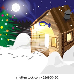 Drawing hot baths Russian winter in Christmas night