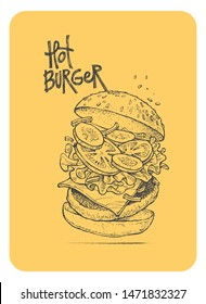 drawing of a hot burger, vector image in retro style