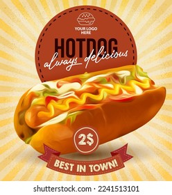 Drawing hot dog delicious fast food poster template