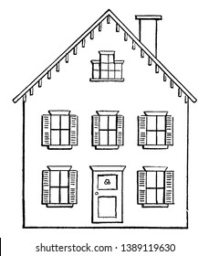 Drawing A House 2 Is The Second Step, Its Conventional Roof Is Not Difficult And Using Two Point Perspective, Vintage Line Drawing Or Engraving Illustration.