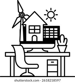 A drawing of a house a computer monitor and a potted plant on a desk
