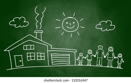Drawing of house and family on blackboard